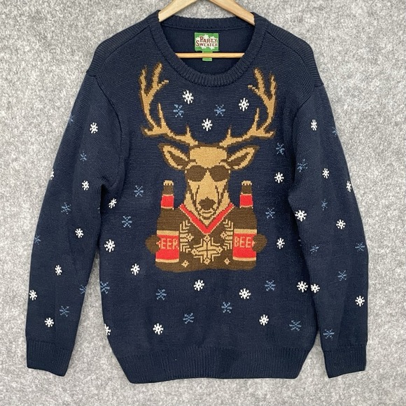 Novelty Drunk Reindeer Ugly Christmas Party Sweater Mens L Festive Snow Holiday - Picture 1 of 6